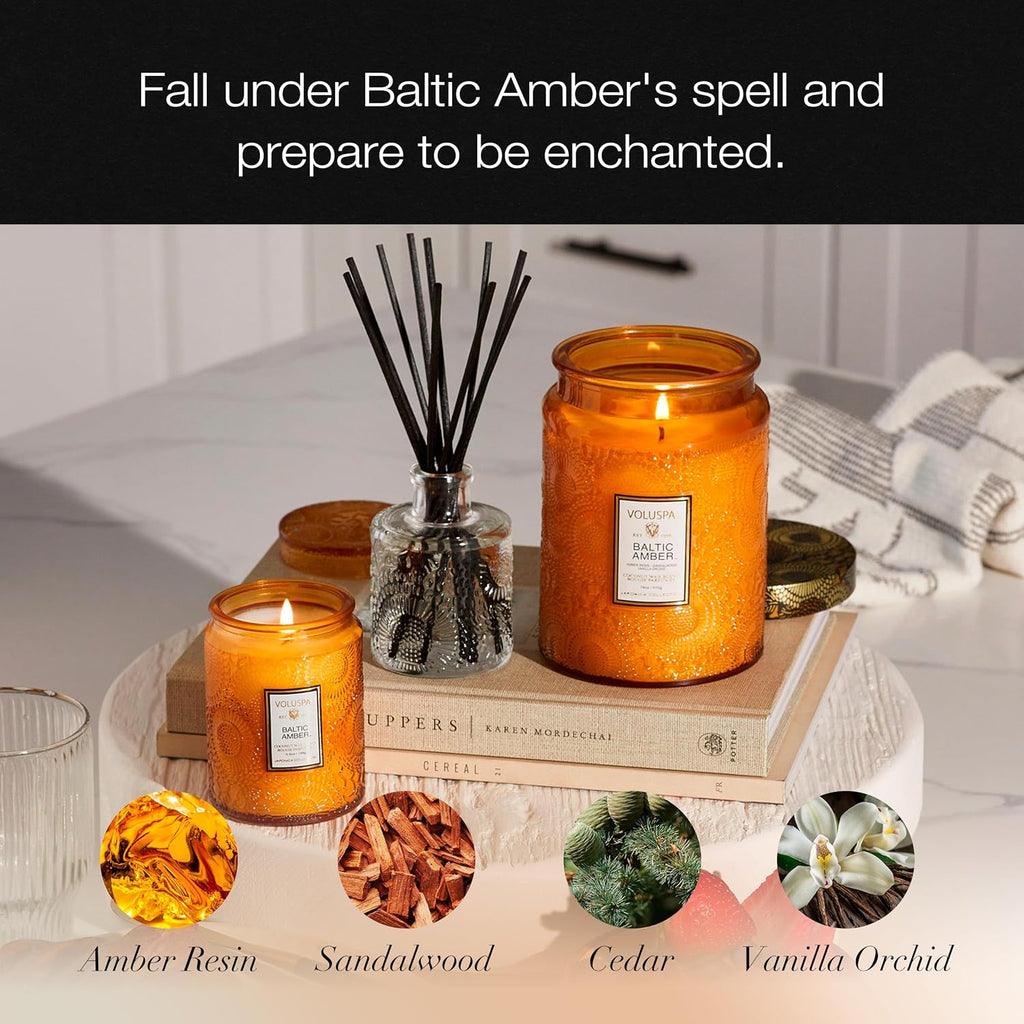 Voluspa Baltic Amber Candle, 18 oz, Coconut Wax Blend, Scented Candles for Home, 100 Hour Burn Time, Candle Jar