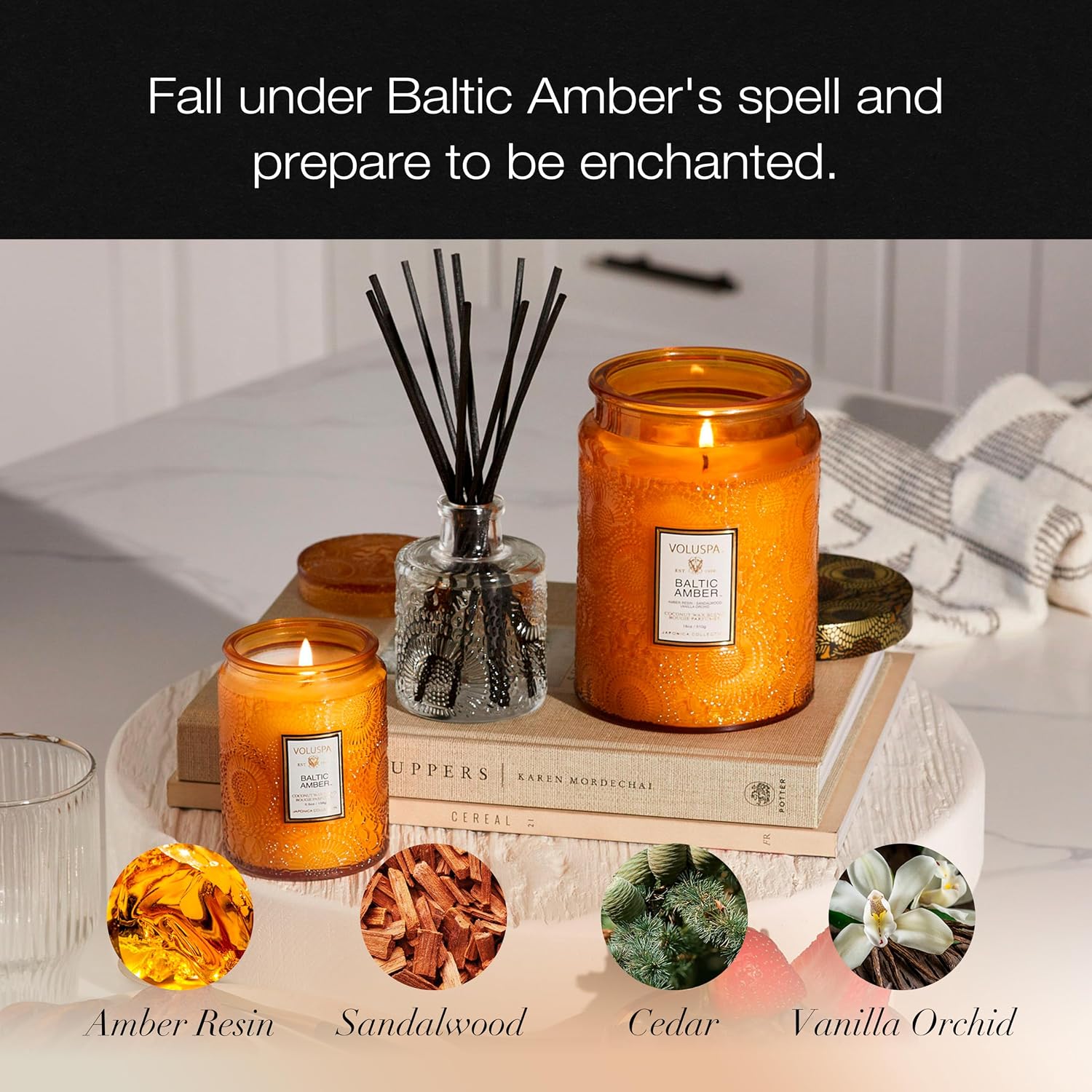 Voluspa Baltic Amber Candle, 18 oz, Coconut Wax Blend, Scented Candles for Home, 100 Hour Burn Time, Candle Jar