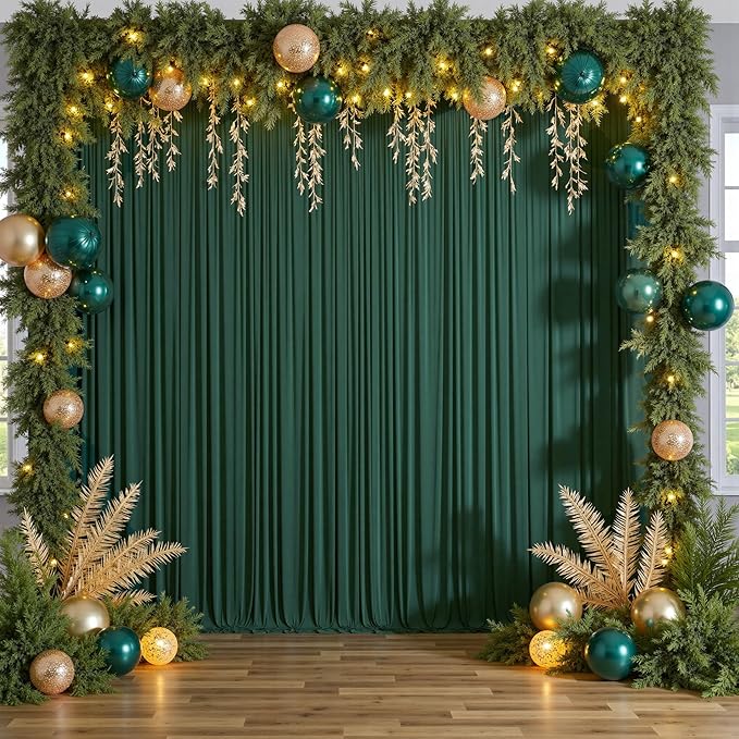 40ftx10ft Wrinkle FreeHunter Green Backdrop Curtains for Party Background, 8 Panels Silky Fabric Green Photo Backdrop Drapes Back Drop Cloth for Wedding Birthday Photography Baby Shower Decor