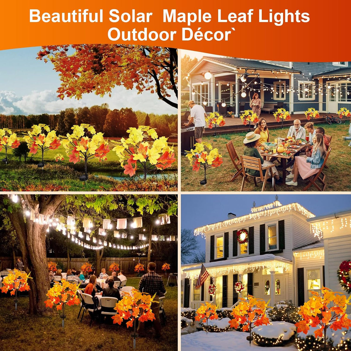 4Pack Fall Solar Lights Outdoor Decorative, Waterproof 80Led Orange Fall Ligh...