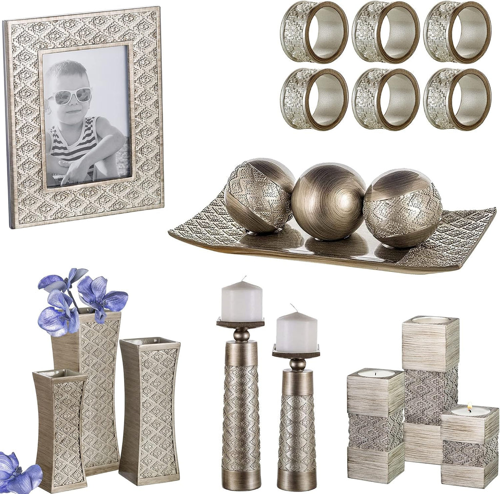 Creative Scents Dublin Silver Decorative Candle Holder Set of 2 - Home Decor Pillar Candle Stand, Coffee Table Mantle Decor centerpieces for Fireplace, Living or Dining Room Table, Gift Boxed
