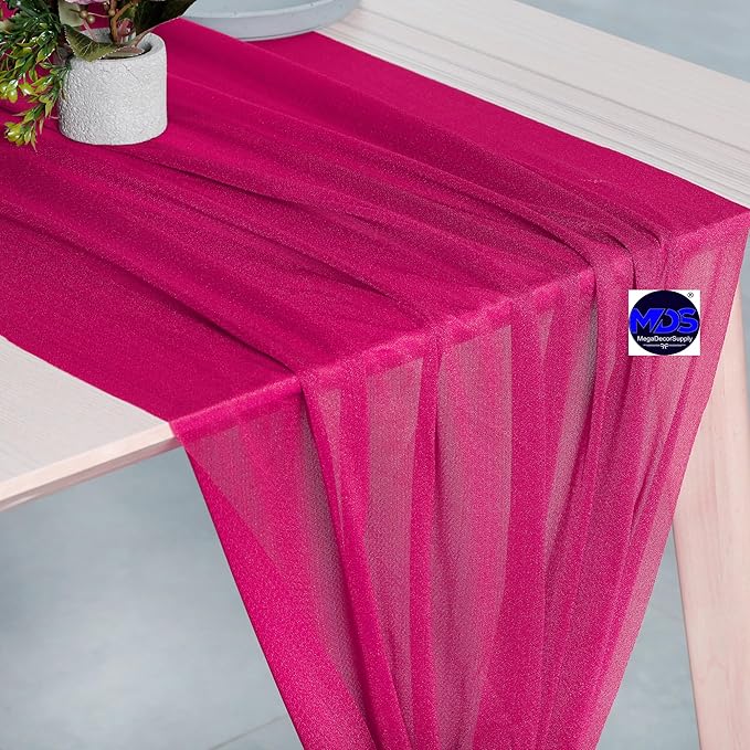 MDS 2 Pack 14ft Chiffon Table Runner 29 x 170 Inches Sheer Wedding Runner Romantic Rustic Table Runner for Wedding Decorations, Birthday Parties, Bridal Shower Party Arch Decor - Hot Pink