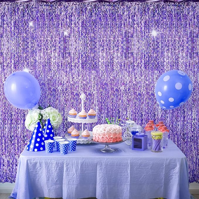 Jutom 6 Pieces 3.3 x 6.6 ft Wavy Tinsel Foil Fringe Curtains Foil Fringe Streamer Backdrop Party Curtain for Sea Mermaid Baby Shower Birthday Party Decoration(Purple)