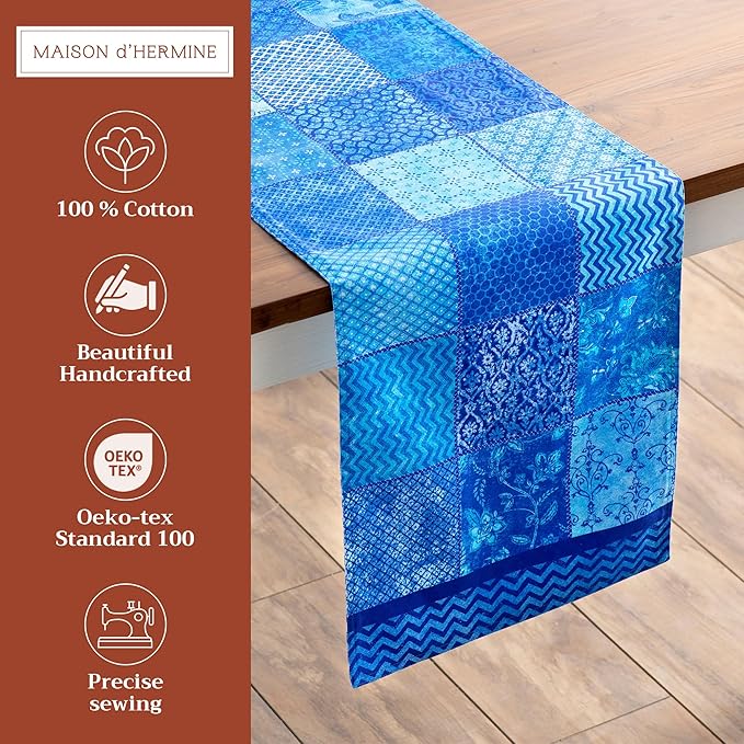 Maison d' Hermine Table Runner 100% Cotton Double Layer Table Runners 108 inches Long Decorative for Home Kitchen Dining Party Wedding Bridal Shower Spring Summer (Indigo Love, 14.50" x 108")