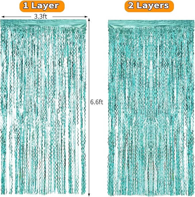 4 Pack 3.3 ft x 6.6 ft Wavy Aqua Teal Blue Tinsel Foil Fringe Curtains Backdrop - Wave Metallic Foil Curtains for Wedding Girl Princess Bachelorette Euphoria Theme Party Decoration