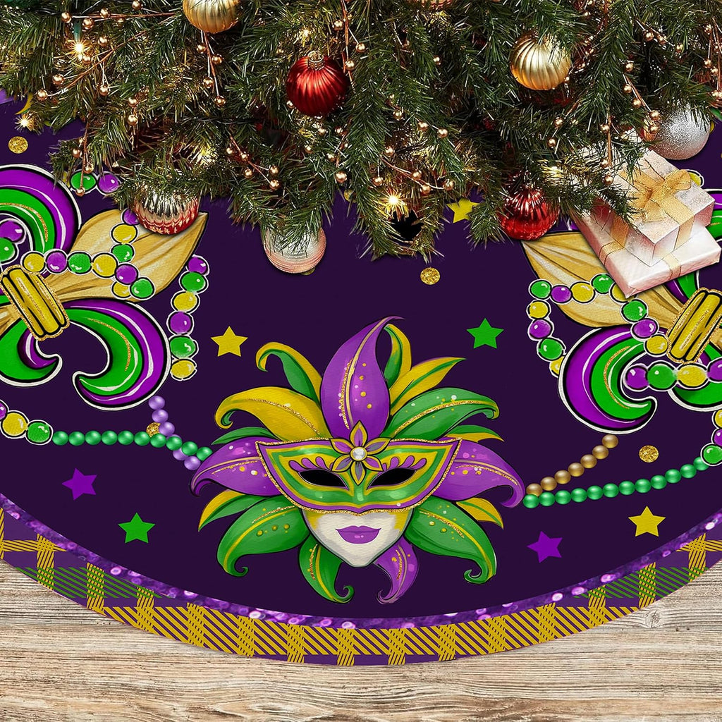 Mardi Gras Tree Skirt 36in - Mardi Gras Christmas Tree Decor Ornament for Mask Beads Feather Purple Carnival Christmas Trees Mat Decorations for Home Holiday Party