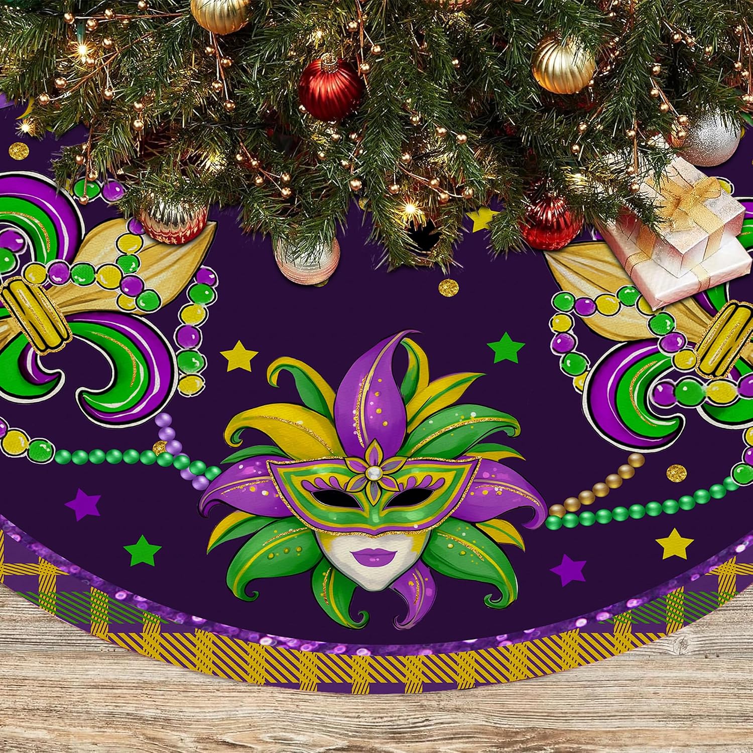 Mardi Gras Tree Skirt 36in - Mardi Gras Christmas Tree Decor Ornament for Mask Beads Feather Purple Carnival Christmas Trees Mat Decorations for Home Holiday Party