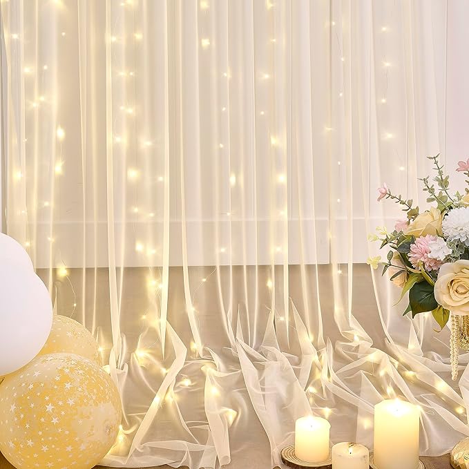 Champagne Backdrop Curtain with Lights String for Parites Wedding 20×8ft Sheer Tulle Backdrop Curtains for Bridal Shower Baby Shower Birthday Party Photo Shoot Background Decorations(4 Panels 5ft×8ft)