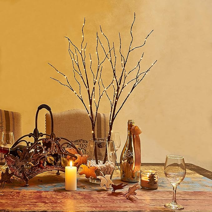 Hairui Lighted Brown Branches Battery Operated with Timer 30IN 100 LED Fairy Lights, Willow Branch Lights for Home Bedroom Fireplace Christmas Holiday Decoration Indoor Outdoor Use (Vase Excluded)