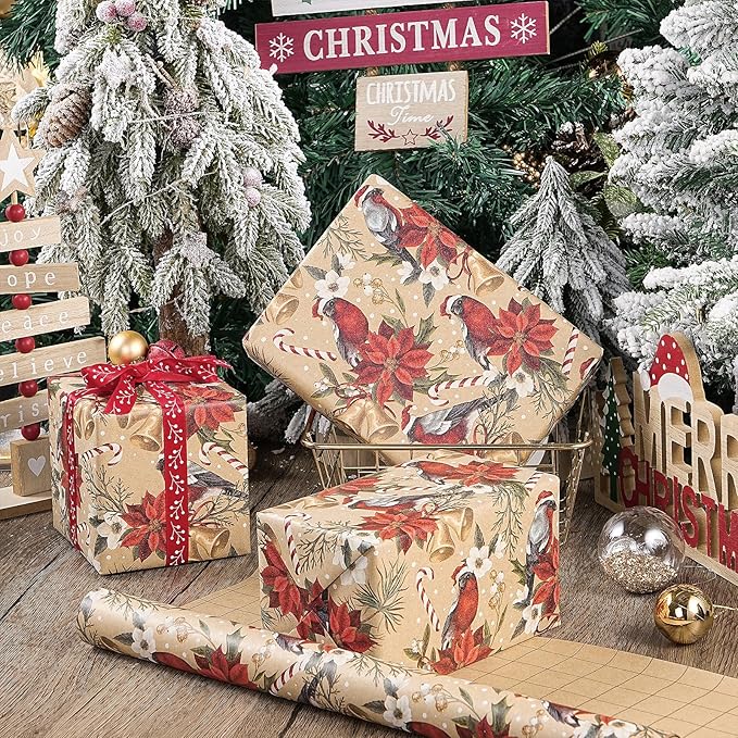 RUSPEPA Kraft Christmas Wrapping Paper Roll, Mini Roll, Cardinal Bird, Poinsettia, Golden Bell and Candy Cane Design, Vintage Kraft Gift Wrap for Women, Family, Xmas Holiday, 17 Inches x 16.4 Feet