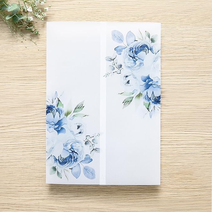 PONATIA 50PCS Vellum Jackets for 5x7 Invitation Cards- 135GSM Light Blue Floral Printed Vellum Sleeves, Quinceanera Wedding Invitation Cards Wraps, Transparent Christmas Gift Cards Jackets