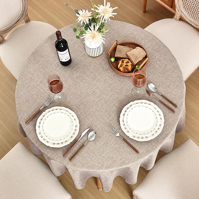 Fitable Faux Linen Round Tablecloths 60 Inches - 2 Pack Neutral Table Clothes Faux Burlap Table Covers for Kitchen, Dining, Party, Farmhouse, Picnic (Great for 20"-48" Round Tables, Nature)