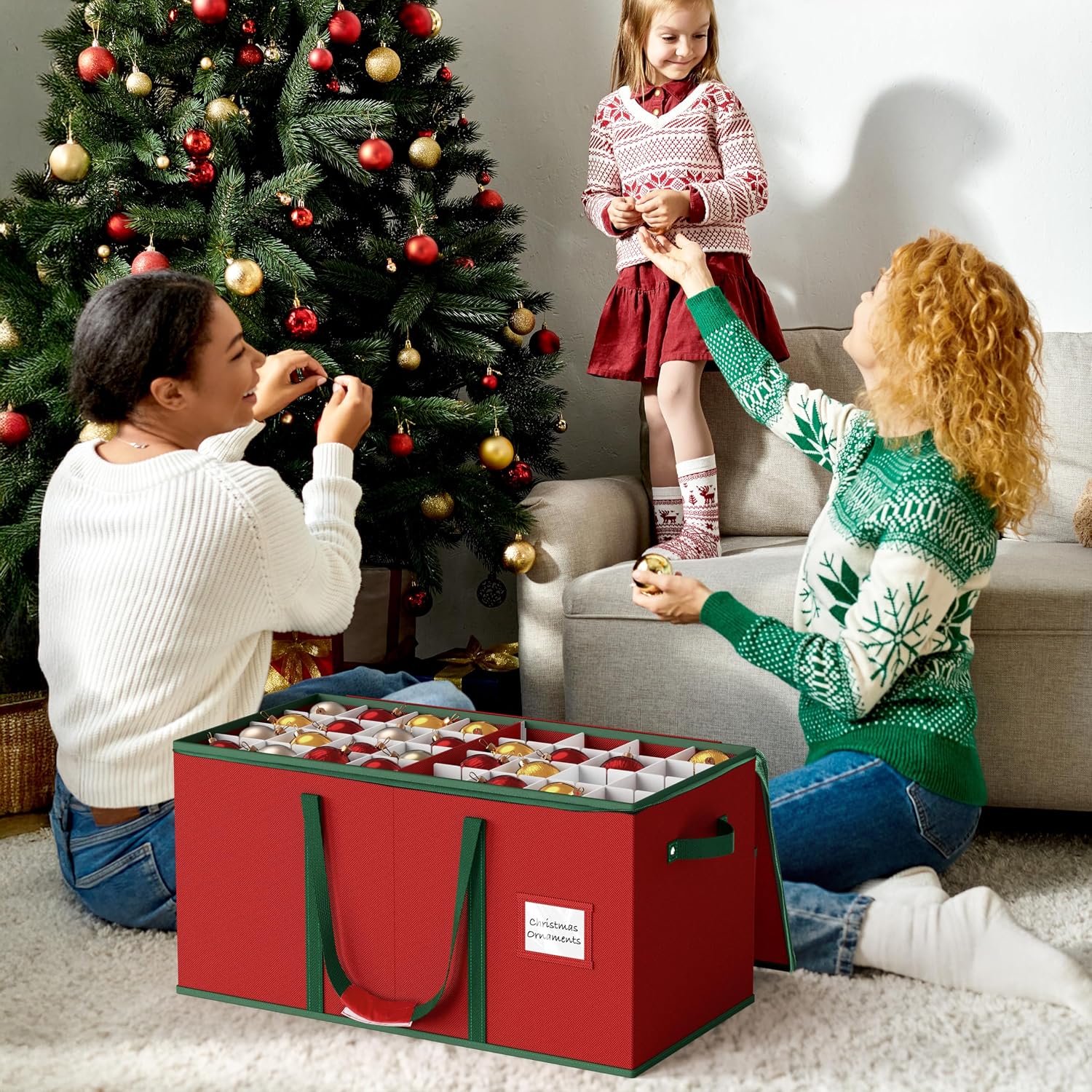 Simple Houseware Heavy-Duty Large Christmas Ornament Storage Box with Adjustable Dividers, Stores up to 128 Ornaments, Zipper Lid, Red