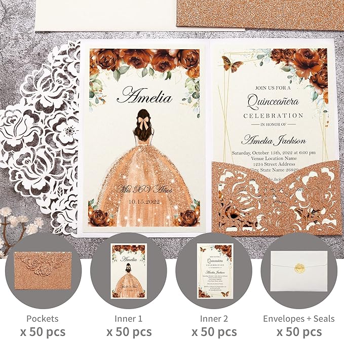 DORIS HOME 50pcs Laser Cut Quinceanera Invitations Terracotta Glitter, 4.7x7.1 Personalized Quince Invitations for 15th Birthday, Invitation cards for Sweet 16 with Envelopes