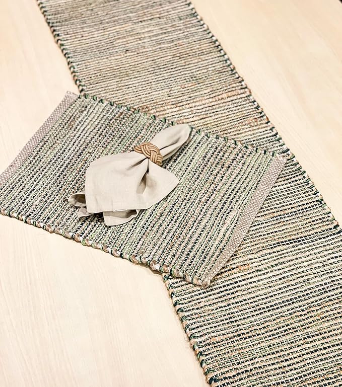 Chardin home Natural Jute Table Runner 13x90 Inch – Vintage Boho Rustic Table Decor – Handwoven Table Runner in Natural Jute and Green – Farmhouse Dining or Console Table Accent