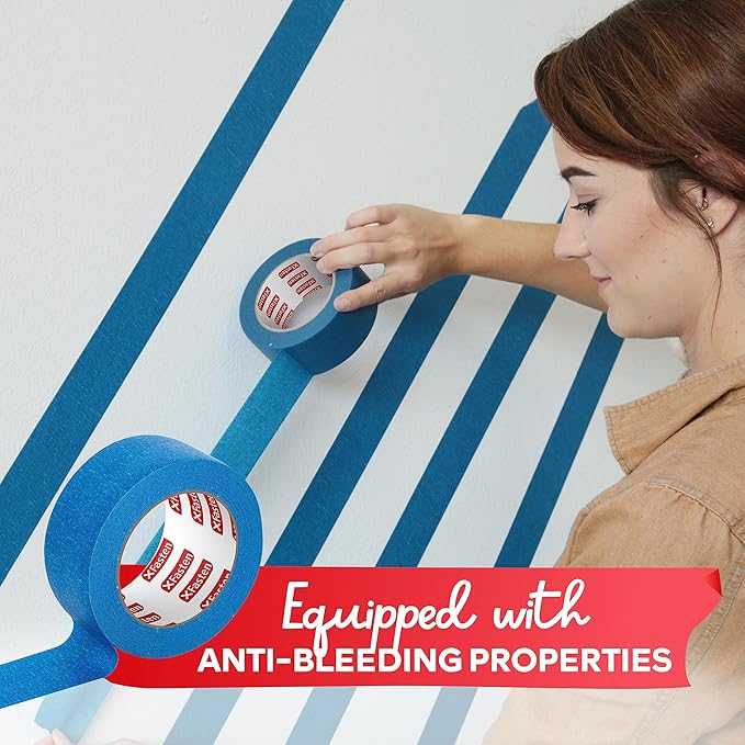 XFasten Blue Painter's Tape, 2 Inch x 60 Yards (12-Pack) Blue Painters Masking Tape Bulk - Sharp Edge Line Technology, Produces Sharp Lines | Residue-Free and Artisan Grade Wall Trim Tape