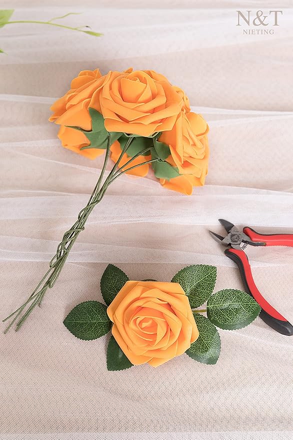 N&T NIETING Artificial Flowers, Fake Flowers Orange Roses Perfect for DIY Wedding Bridal Bouquets Centerpieces Bridal Shower Party Home Flower Arrangement Decorations, 25Pcs