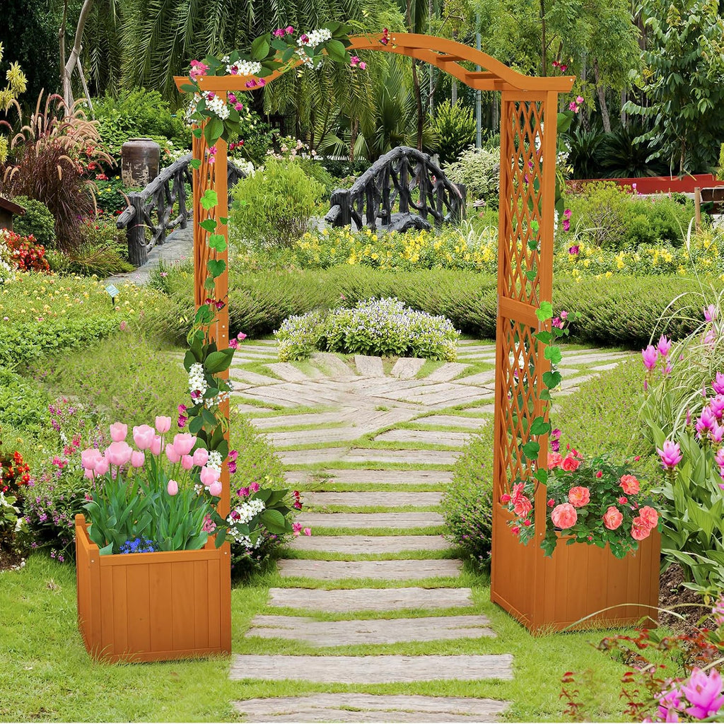 moccha wooden garden arbor with planter - outdoor, side view