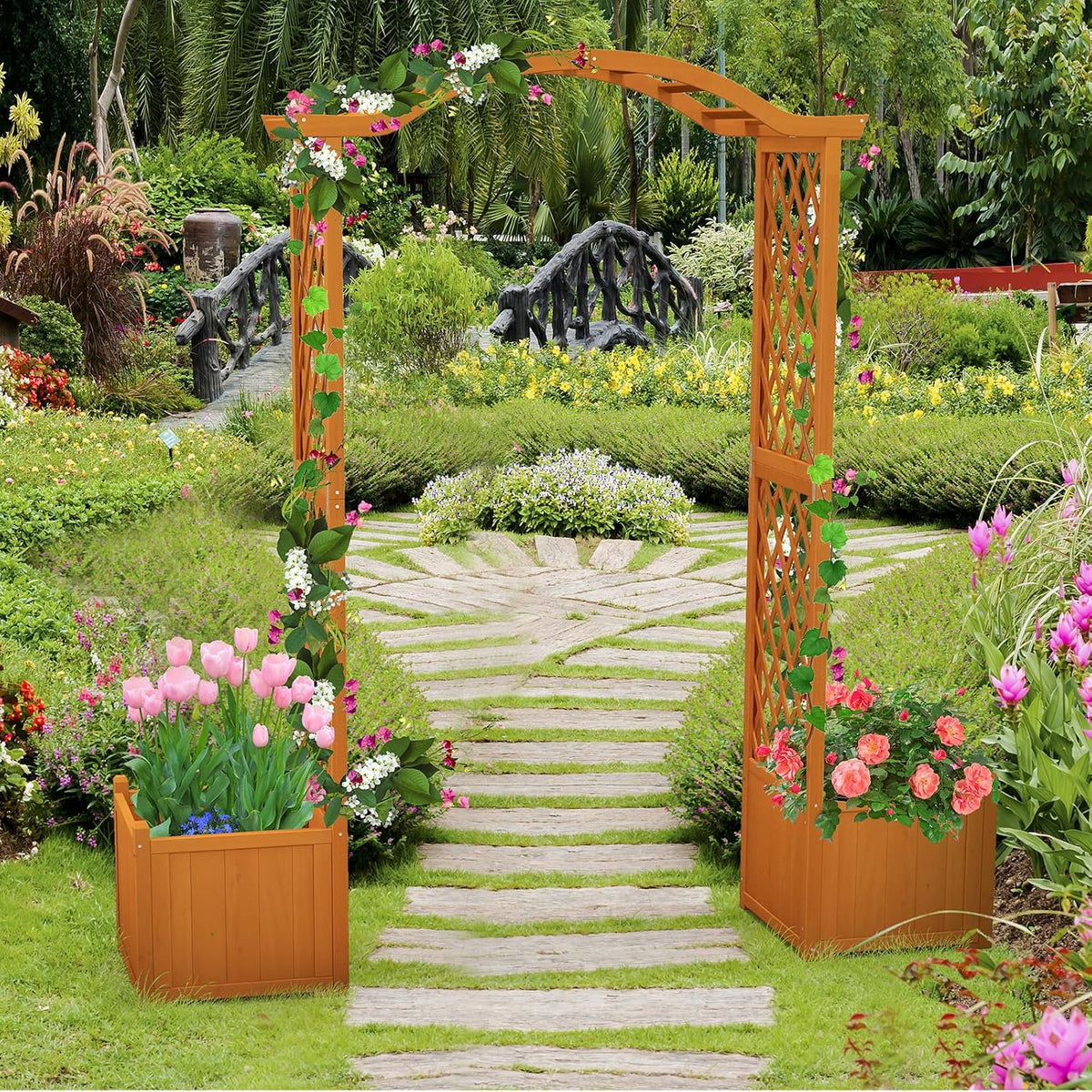 moccha wooden garden arbor with planter - outdoor, side view