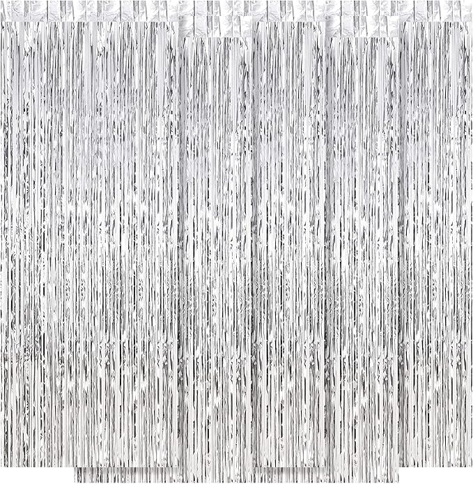 5 Pack Silver Fringe Backdrop 3.2ft x 8.2ft Silver Foil Fringe Curtains Party Tinsel Curtain Backdrop Streamers for Birthday Party Decoration Wedding Christmas Decoration (Silver)