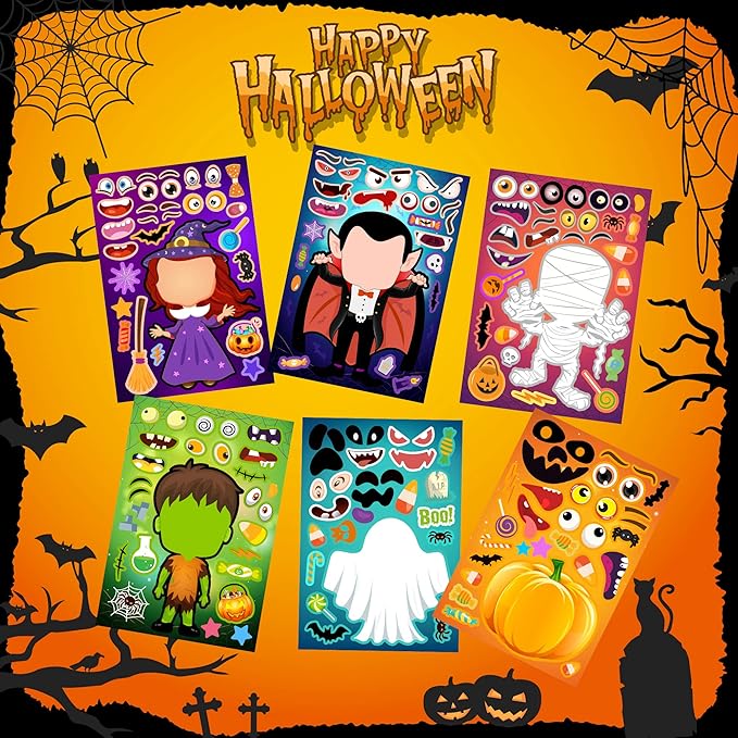 24 Sheets Halloween Stickers, Make Your Own Halloween Stickers for Kids, Halloween Party Favors, Halloween Crafts for Kids Trick or Treat Party Supplies