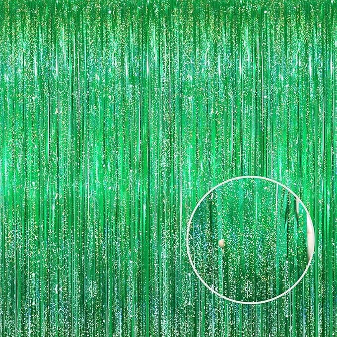 GOER 3.2 ft x 8.2 ft Metallic Tinsel Foil Fringe Curtains Party Photo Backdrop Party Streamers for Birthday,Graduation,New Year Eve Decorations Wedding Decor(5 Packs,Shiny Green)