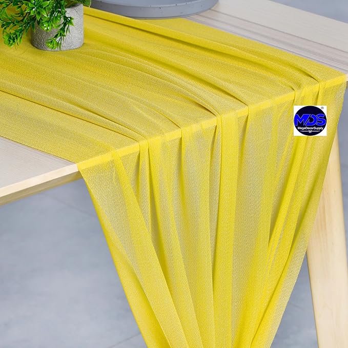 MDS 2 Pack 10ft Chiffon Table Runner 29 x 120 Inches Sheer Wedding Runner Romantic Rustic Table Runner for Wedding Decorations, Birthday Parties, Bridal Shower Party Arch Decor - Yellow