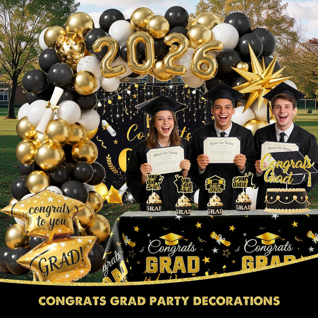 graduation party decorations 2026 kit, black gold congrats on a desk or shelf