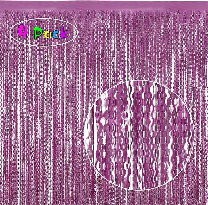 Purple Foil Curtains - 4 Pack 3.3 ft x 6.6 ft Wavy Fringe Curtain Backdrop for Party Photo Booth Props Decoration Mermaid Euphoria Themed | Purple Streamers for Mardi Gras Decorations