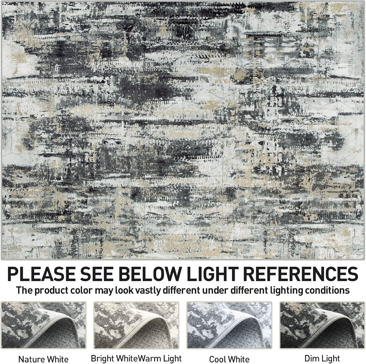 8x10 Area Rugs for Living Room: Washable Abstract Black Grey Gold Carpet