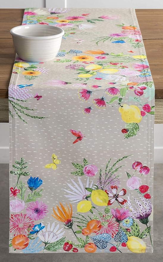 Maison d' Hermine Table Runner 100% Cotton Double Layer Table Runners 72 inches Long Decorative for Home Kitchen Dining Party Wedding Bridal Shower Spring Summer (Jardin D'Ete - Fog, 14.50" x 72")