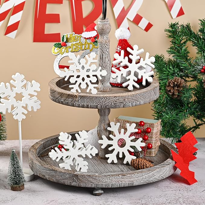 5 Pcs Wooden Christmas Snowflake Sign Winter White Glitter Snowflake Decorations Holiday Wonderland Snowflake Wood Stand Signs for Xmas Party Home Tabletop Tiered Tray Decor