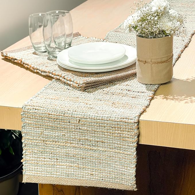 Chardin home Natural Jute Table Runner 13x90 Inch – Vintage Boho Rustic Table Decor – Handwoven Table Runner in Natural Jute and Sage Green-White – Farmhouse Dining or Console Table Accent