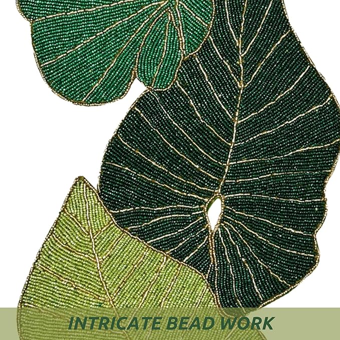 Luxury Beaded Table Runner - 13x36 Inches Handcrafted Leaf Pattern with Glass Beads & Polyester Back - Elegant Table Decor for Dining, Coffee Table & Events (Green) - CLEENTABLE