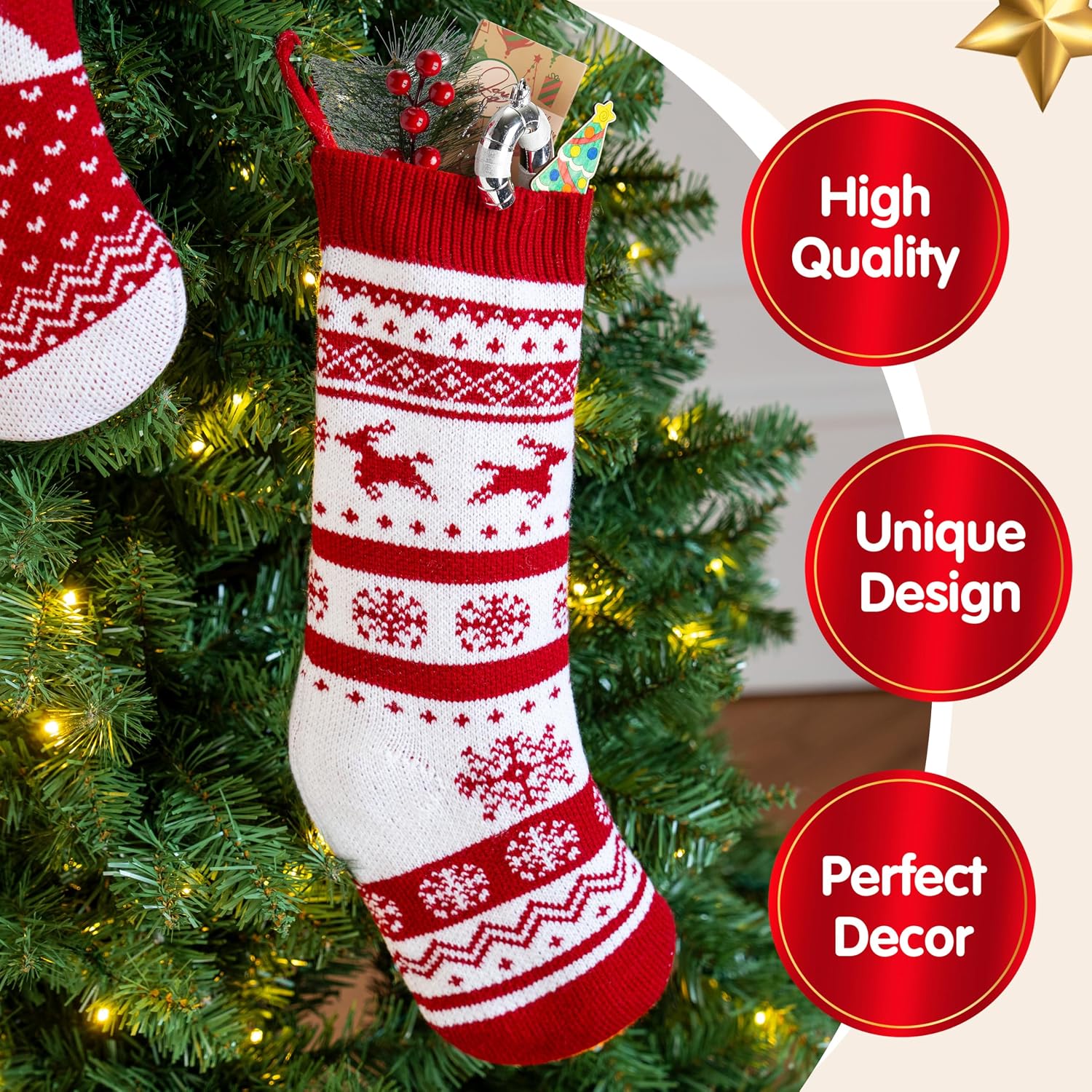 JOYIN 3 Pack 18" Knit Christmas Stockings, Burgundy/White Knitted Large Rustic Yarn Xmas Stockings, Snowflakes/Snowmen/Reindeers Character for Family Holiday Decorations, Wall, Staircase Decoration