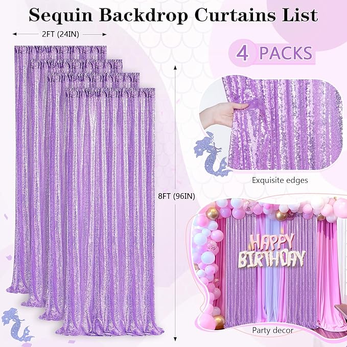 Lavender Sequin Backdrop Drapes 4 Panels 2FTx8FT Glitter Backdrop Curtains for Wedding Party Stage Decorations