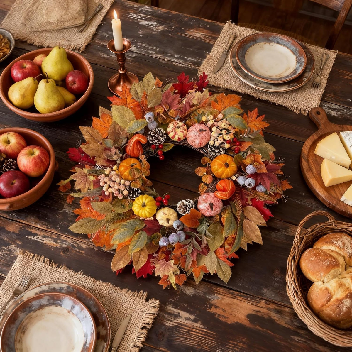 HipTree 24In Fall Wreath Pumpkin Maple Berry Front Door Thanksgiving Decor
