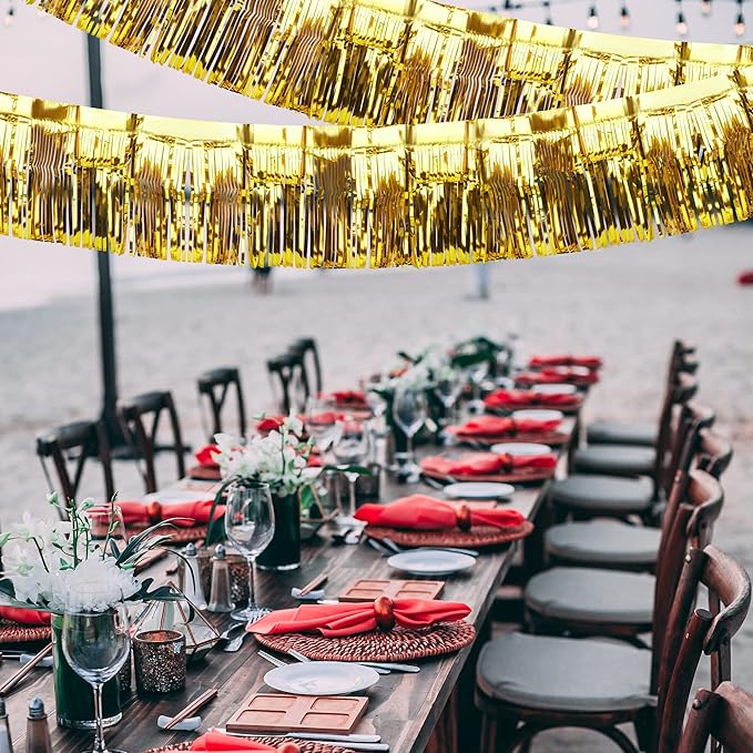 4 Pack Iridescent Float Fringe Curtains, Metallic Foil Fringe Garland Shiny Tassel Foil Float Parade Float Decorations for Trailer Car Graduation Homecoming Outdoor Indoor Party (Gold)