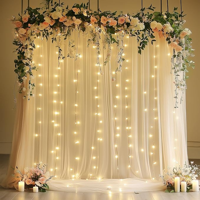 Tulle Backdrop Curtain with Lights String 10FT X 10FT Champagne Sheer Tulle Backdrop Curtains for Wedding Birthday Party Reception Photo Booth Background Decorations (2 Panels 5x10FT)