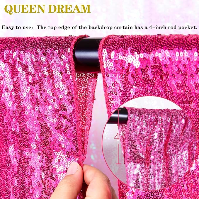Hot Pink Sequin Backdrop Curtain for Party Fuchsia Background Drapes Panels 6FT x 8FT Glitter Fabric (3 Pieces 2FT x 8FT)