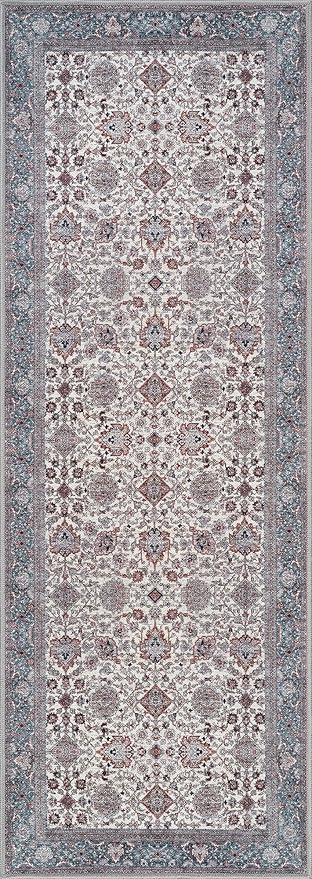 Bloom Rugs Washable Non-Slip 7 ft Runner - Teal/Blue/Beige Traditional Oriental Runner for Entryway, Hallway, Bathroom, and Kitchen - Exact Size: 2.5' x 7'