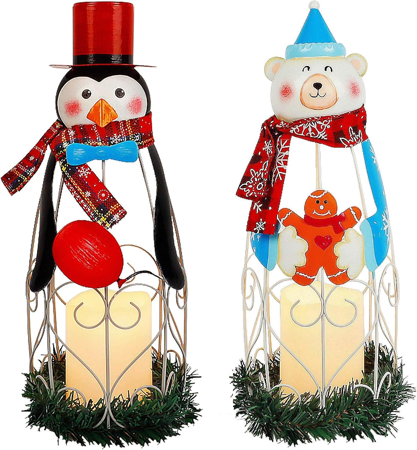 Lulu Home Christmas LED Candle Lanterns, 2 Pack 14.6 Inch Penguin Polar Bear with Battery Operated Candle Lights, Light Up Christmas Tabletop Decorations