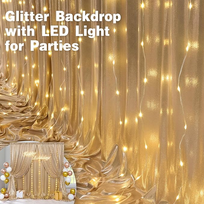 30x10 ft Gold Sequin Backdrop Curtain with Lights for Parties, Wrinkle Free Glitter Photo Backdrop Drapes Shimmer Back Drop Cloth with Light Strings for Wedding Birthday Photography Background