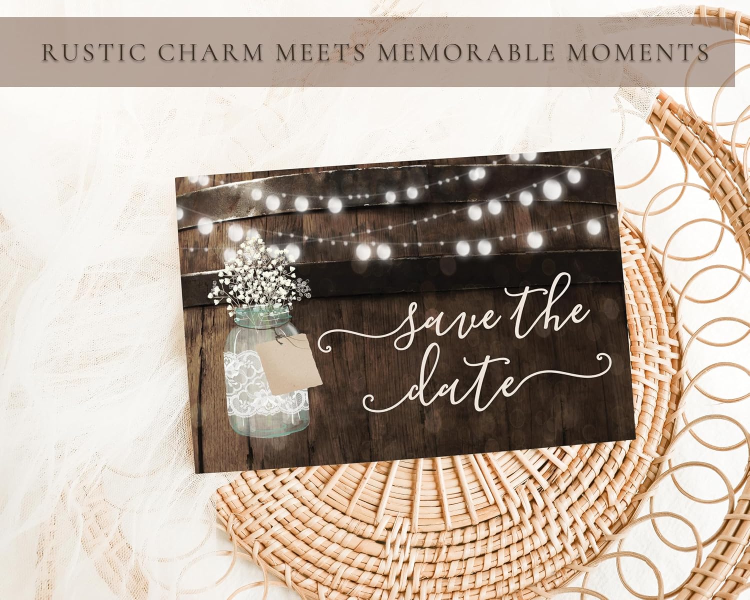Your Main Event Prints 50 Rustic Mason Jar Save The Date Cards for Wedding, Engagement, Anniversary, Baby Shower, Birthday Party, Wood Save The Dates Postcard Invitations (Pack of 2)