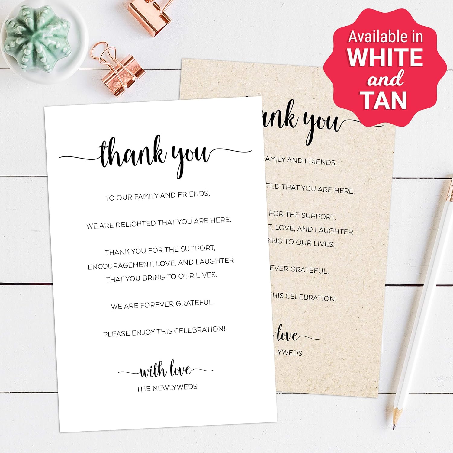 321Done Thank You Place Setting Card for Newlyweds, Thank You for Celebrating with Us, Minimalist Script 4x6 TanTable Placecards for Wedding, Made in USA, 50-Pack