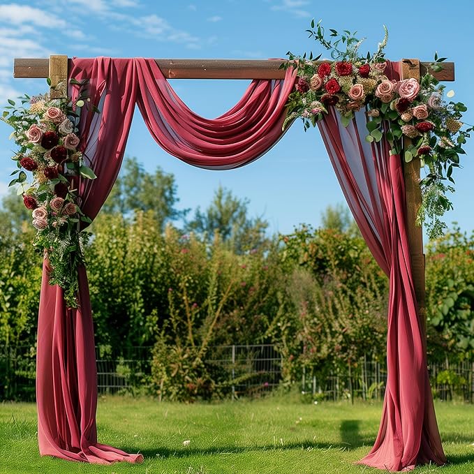 Wedding Arch Draping Fabric 3 Panels 28.7" x 20FT Burgundy Sheer Chiffon Backdrop Drapes for Wedding Ceremony Birthday Party Bridal Shower Outdoor Decoration