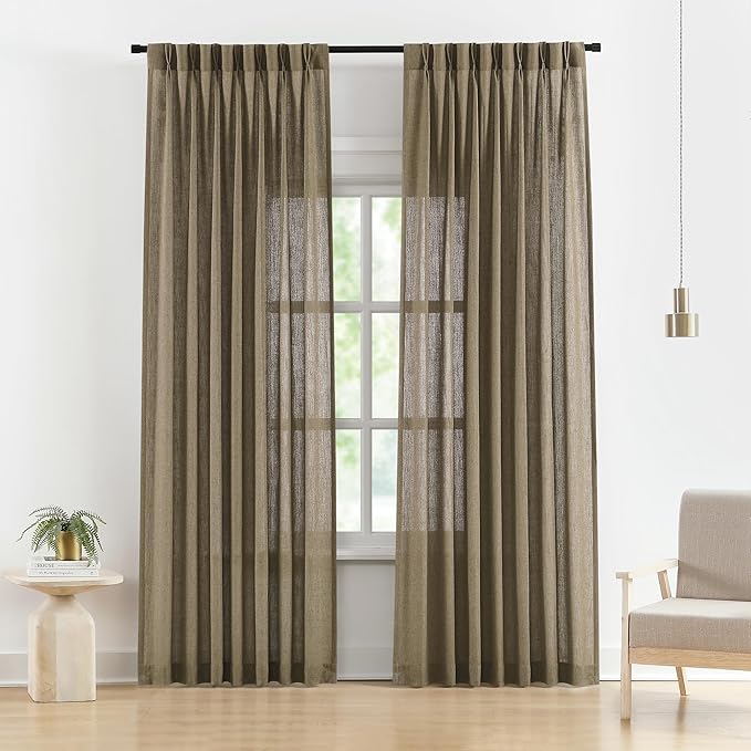 Vision Home Brown Pinch Pleated Semi Sheer Curtains Textured Linen Blended Light Filtering Window Curtains 108 inch for Living Room Bedroom Pinch Pleat Drapes with Hooks 2 Panels 9ft 40" Wx108 L