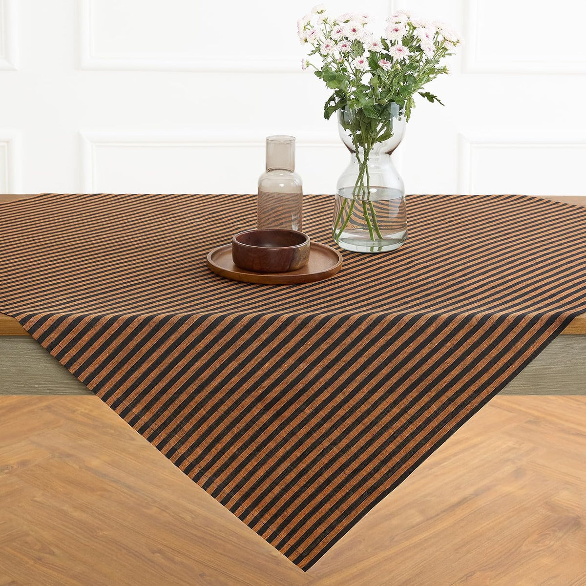 Solino Home 100% Pure Linen Table Cloth, Throw, 52 x 52 in, Pumpkin Striped