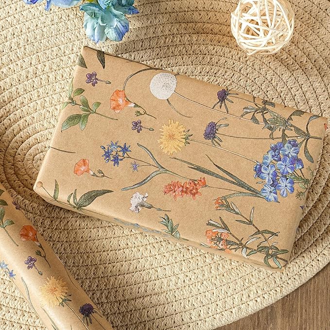 WRAPAHOLIC Kraft Floral Wrapping Paper Roll - Mini Roll - 17 Inch x 16.5 Feet - Wildflower Wrapping Paper Perfect for Girls Women Birthday, Wedding, Bridal Shower