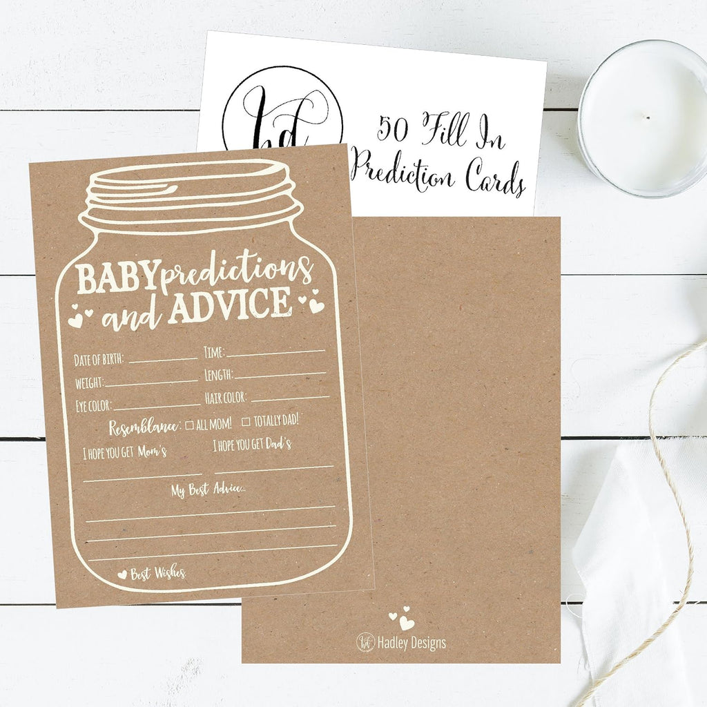 Hadley Designs Baby Shower Games for 25 Guests - Kraft Prediction Cards for Baby Shower Advice Cards for New Parents, Boy Girl Gender Neutral Mason Jar Gender Reveal Games, Made in USA